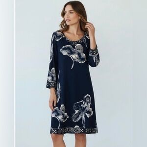 INC International Concepts Small Navy Blue Floral Beaded 3/4 Sleeve Dress